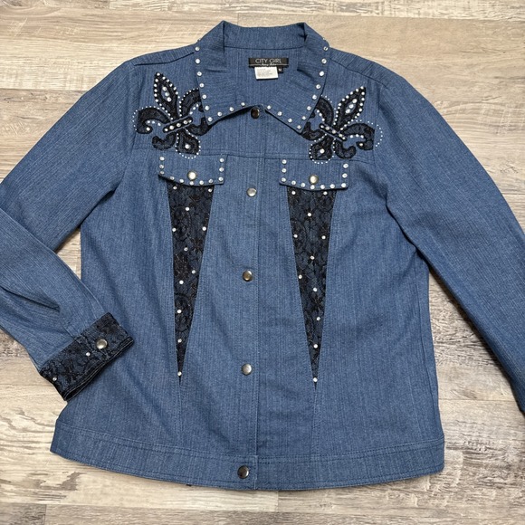 Vtg Y2K Fleur De Lis Western Denim Jacket Button Down Shirt Cowgirl sz M - Picture 2 of 6